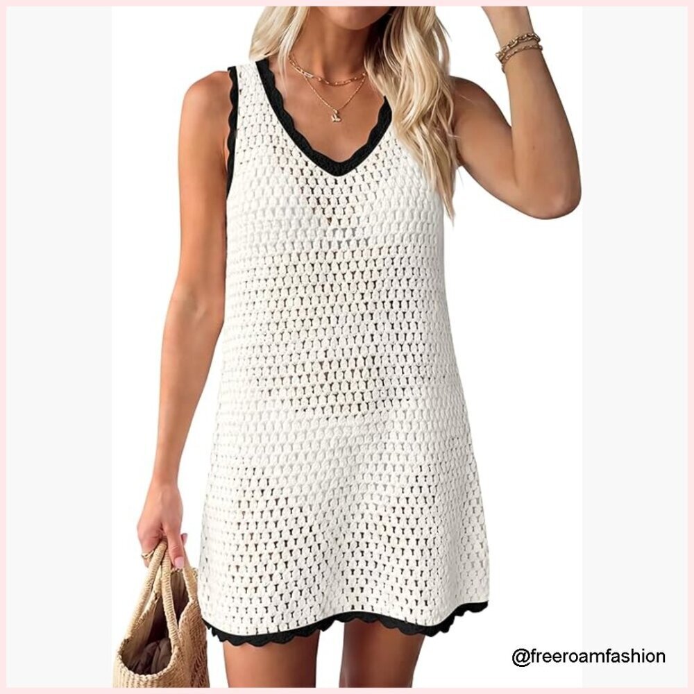 Sleeveless V-Neck Crochet Cover Up Dress, Loose Fit Acrylic Knit Beachwear